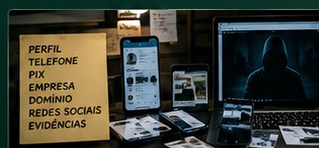 Mesa de investigação digital com perfis, telefone, anotações e evidências