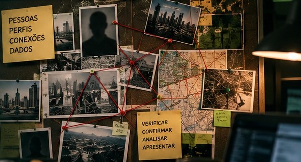 Quadro investigativo com fotos, mapas, anotações e conexões