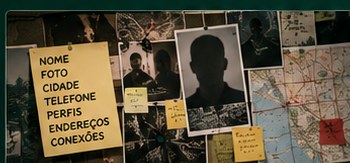 Mural investigativo sobre uma pessoa, com fotografias, mapa e anotações